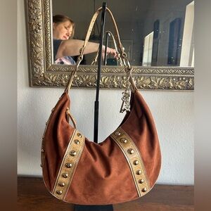Gemma De Rossi VTG Y2K Rock Ballad Gold Studded Faux Brown Suede Hobo Bag
